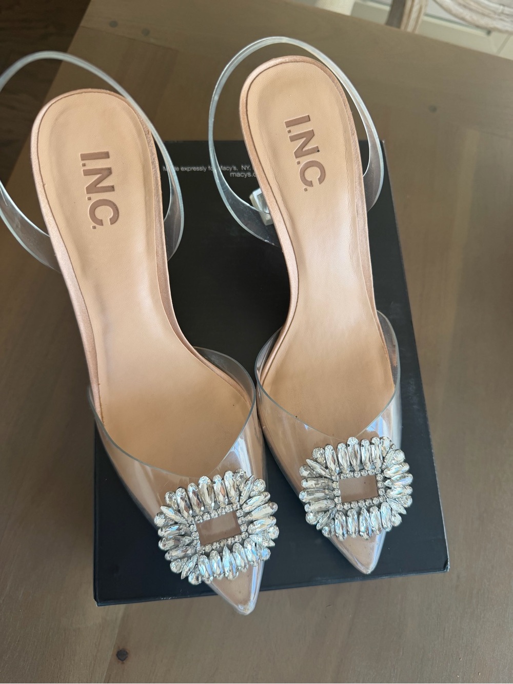 INC Clear Pointed Toe Slingback Heels with Crystal Buckle - Nude